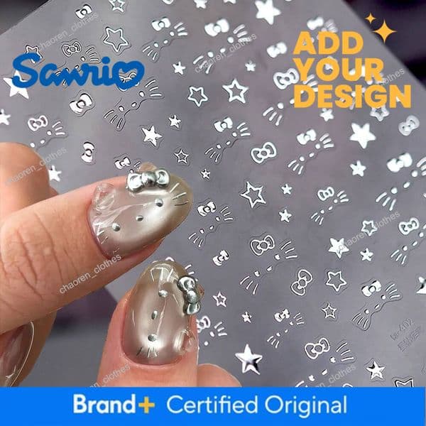 1sheet Metallic Face Beard Stickers Shiny Silver Hollow Star Bow Decals Hello Kitty Nail Declas
