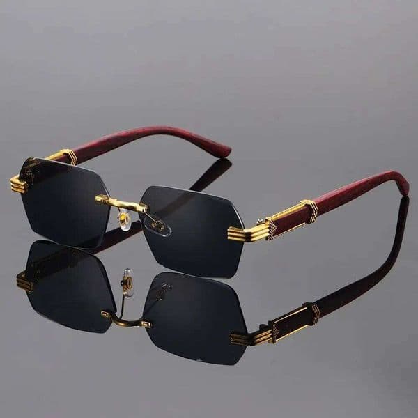 1PC Luxury Rimless Polygon Sunglasses, Gold & Wood-Tone Frame, Unisex Retro Hip-Hop Style, Durable Fashion Statement Eyewear 26W0321