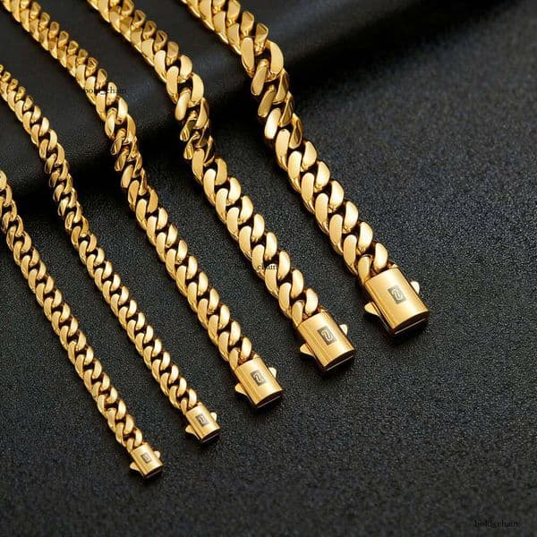 Cross-border European American hip-hop electroplated stainless steel encrypted chain 8-14mm Cuban smooth coffee bean men's bracelet and necklace
