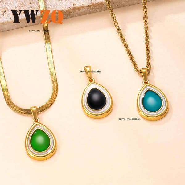 Single Pendant Sterling Silver 14K 18K Gold Cast Water Drop Shaped Enamel Necklace Vintage High-End Titanium Steel Jewelry DIY Wholesale