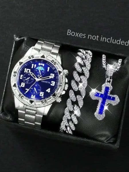Trendy Silver Color Steel Band Men's Quartz Watch Set with Chain Pattern Bracelet Necklace, Star Design, Perfect Birthday Gift