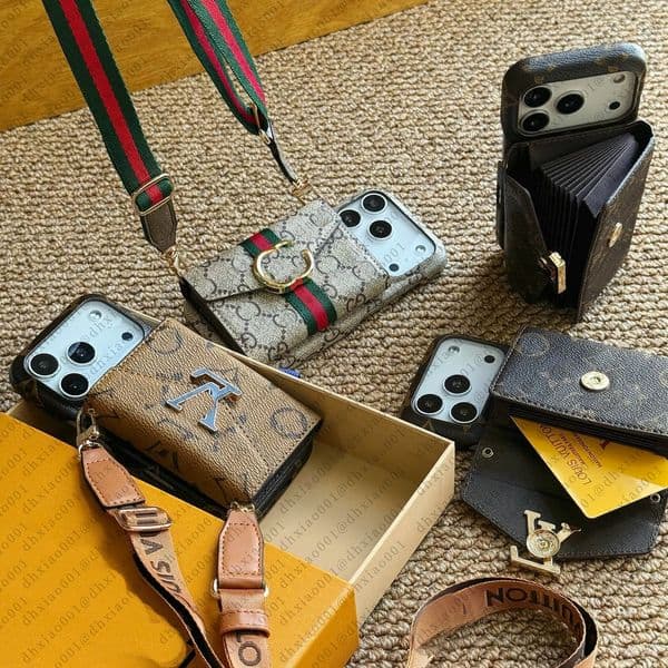 Designer Wallet Phone Case Luxury Leather Card Holder for Apple iPhone 17Pro Max 16 15 Pro Max 14 13 12 Crossbody Chain Lanyard Samsung S25 Ultra S24 Cell Phone Case