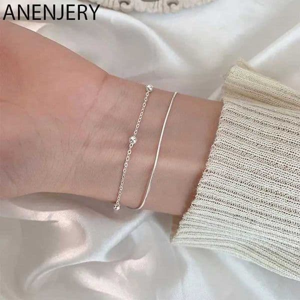 ANENJERY Silver Color Beaded Chain Bracelet for Women Double Layer Bracelet Gifts Jewelry D260321