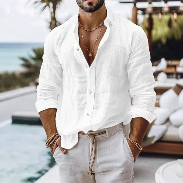 Linen Shirt Cotton for Men Summer Beach Style Solid Color Single Breasted Breathable Shirts Lightweight Stylish Button Tops 260313 L260612
