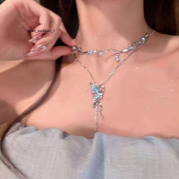 Double Layer Stacked Blue Crystal Butterfly Tassel Necklace for Women, Niche Design, Exquisite and High-end Clavicle Chain, 2025 New Model
