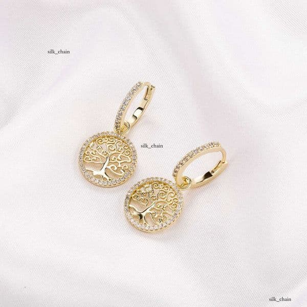 Trendy for Women Round Simple Hollow Creative Lucky Tree Drop Earrings Versatile Personality Gold Jewelry