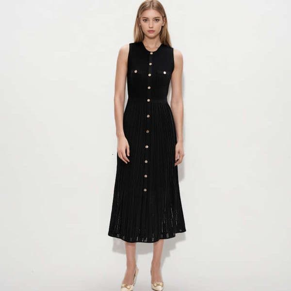 2026 Spring/Summer High end Elegant Black Round g25 Neck Sleeveless Single breasted Hollow Knitted Dress
