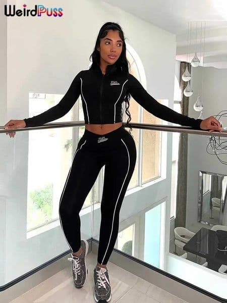 Weird Puss Casual 2 Piece Set Tracksuit Elastic Patchwork Stripe Tight Zip Crop JacketLeggings Matching Streetwear Sporty Suits X260321