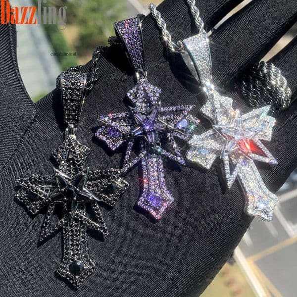 New Hip Hop Rotatable Pentagram Vintage Cross Moissanite Pendant Personality Necklace Men's Accessories