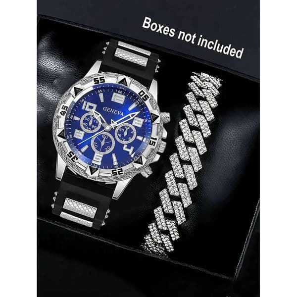 Men's Quartz Watch with Cuban Bracelet Silicone Strap for Daily Festive Wear No Box Included