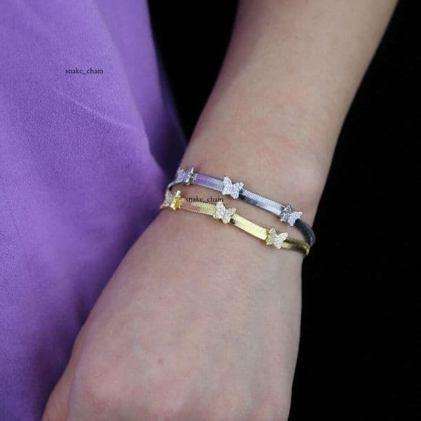 New Hip Hop Style 4mm wide flat snake chain bracelet with Moissanite butterfly pendant jewelry for immediate delivery