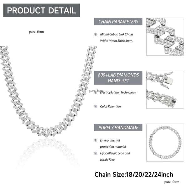 15mm alloy full-diamond rhombus-shaped Cuban chain men's double-row quadrilateral Hip Hop necklace manufacturer wholesale pony necklace