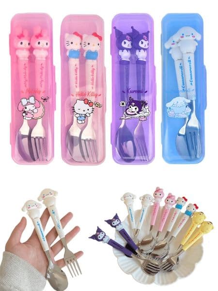 2pcs/set Stainless Steel Fork Spoon Set, Hello Kitty Cartoon Cute Portable Reusable Tableware, Home And Outdoor supplies