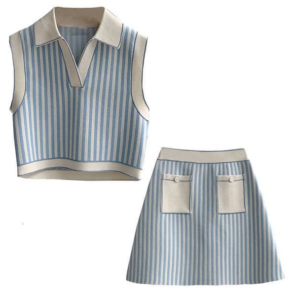 French 2026 new summer designer striped knitted short vest A-line skirt youth college style set