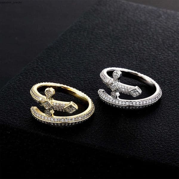 Gold-plated Silver justice sword-themed ring with double-track winding and full Moissanite inlay street culture stage accessory hot seller