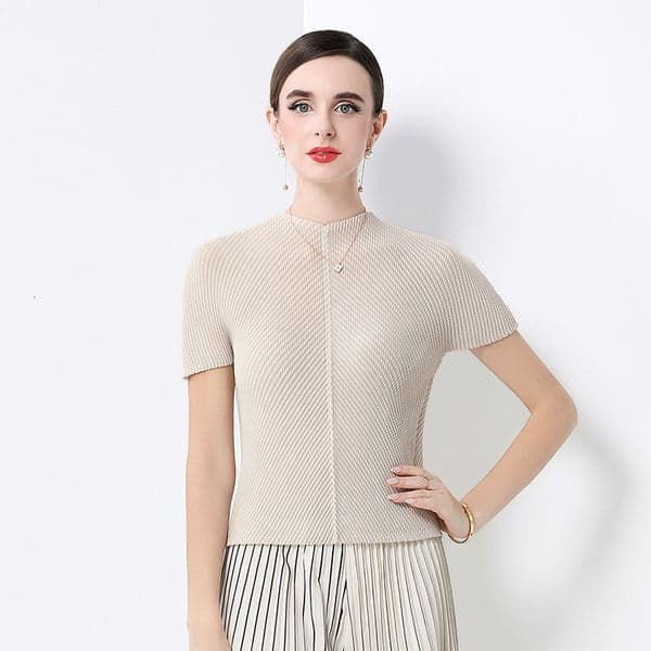 2026 High-end Stand Collar Solid Color Dragon Scale Pleated Top Elegant And Versatile Slimming Designer T-shirt And Stylish Short Sleeve Designer Hoodie Polo
