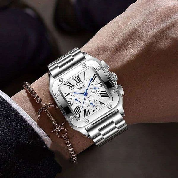 High-End Luxury Square Automatic Mechanical Watch Men, Skeleton Design, Fashionable Business Casual Versatile Stylish Cool Trendy Men's Watch, Suitable Various