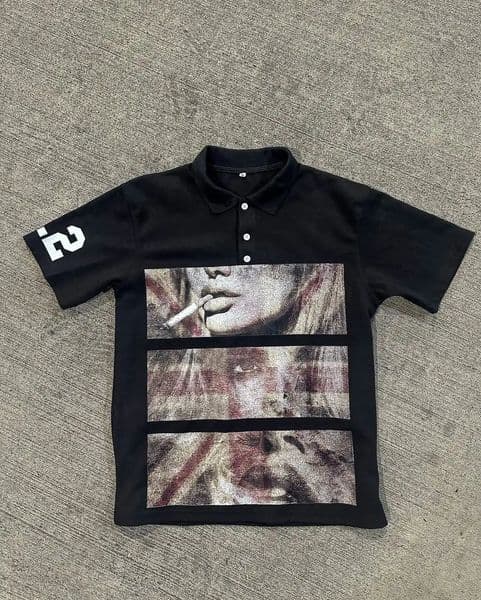 Comic Split-screen Retro Grainy Pattern Printed T-shirt Trend Street Hip-hop Y2K Black Polo Shirt Men Summer Versatile Tops 260316BJ