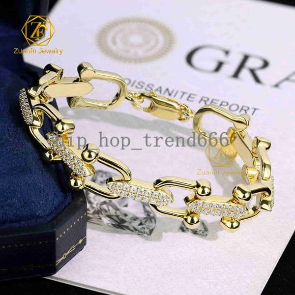 Luxury 925 Sterling Silver 18K Gold Plated Womens Jewelry U Shaped Horseshoe Buckle Bamboo 65inch Moissanite Bracelet