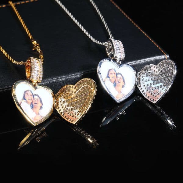 Jewelry Hip Hop Large Flip Cover Heart Silver Inlaid Moissanite Trendy Brand Personality Men's Photo Frame Pendant Necklace