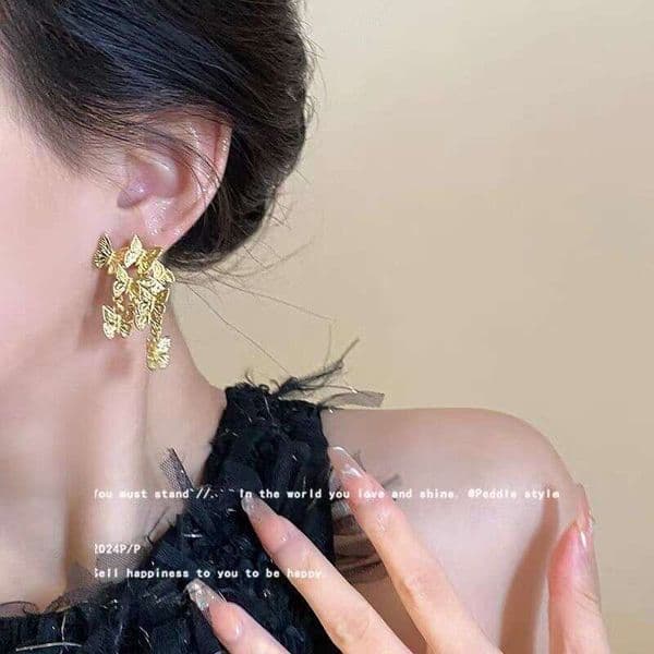Elegantly Dancing~New Chinese Style gold Butterfly Tassel Earrings for Women, Light Luxury High-End Earrings, Unique and Niche Ear Accessories