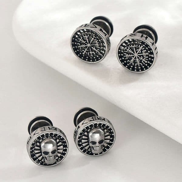 Jewelry Men's Artistic Retro Cool Round Snowflake Skull Personality Trend Earrings