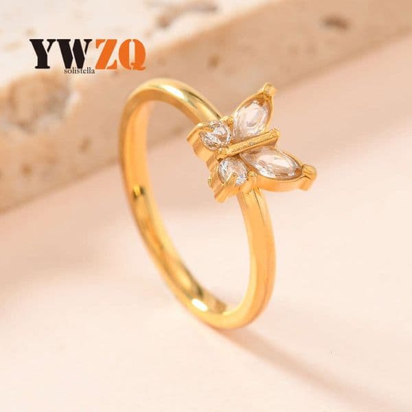 Jewelry 925 Sterling Silver 14K Gold ring for women light luxury versatile 2mm butterfly-shaped diamond ring trendy hand jewelry manufacturer
