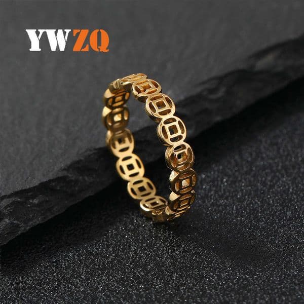 Sterling Silver 14K 18K Gold Jewelry Hollow Lucky Silver Coin Fortune Index Finger Titanium Steel Geometric Personality Retro Couple Ring