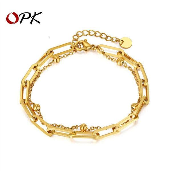Hip Hop Style Titanium Paperclip Jewelry Wholesale Fashion Round Bead 925 Sterling Silver 18K Gold Double Layer Bracelet