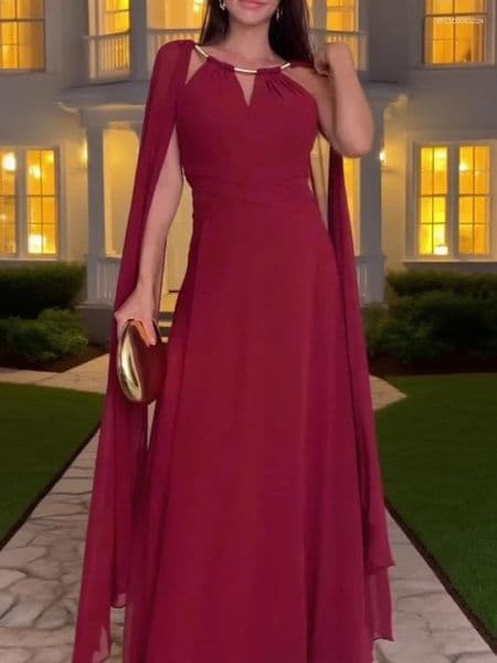 Casual Dresses Temperament Mesh Shawl Sleeve Banquet Dress Elegant Hollow Out Pleated Evening Summer Lady Solid Color High Waist
