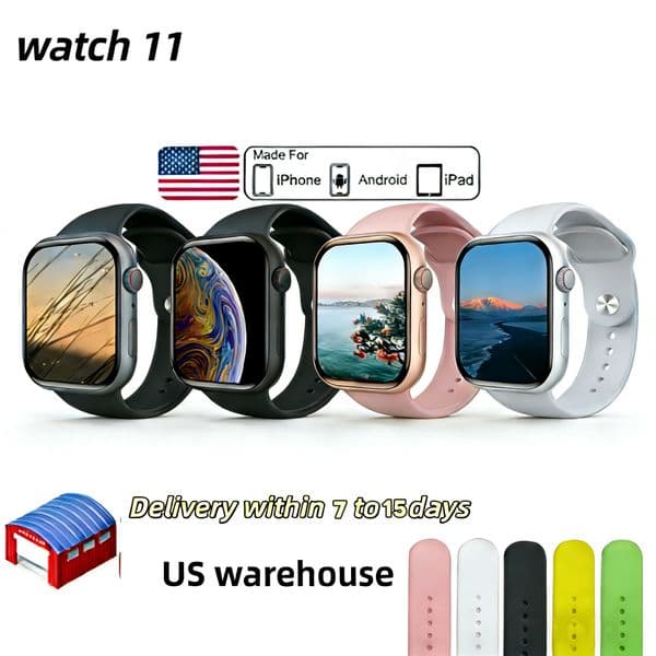 Compatible with Apple Watch U3 and S11 46mm/49mm bands; features message notifications, health monitoring, and Bluetooth connectivity for Android smartwatches.