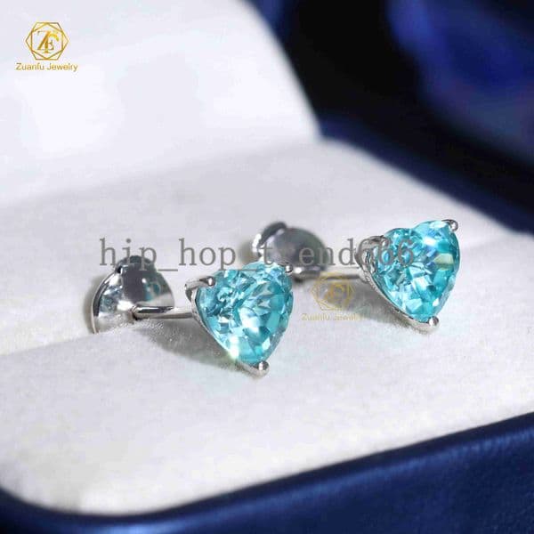 High Quality Heart Shape Lab Grown Paraiba Gemstones Elegant 18k Solid Gold Paraiba Stud Earrings for Women Girls