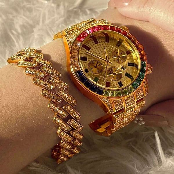 Fashion Hiphop Women Quartz Watch Luxury Cuban Bracelet Chain Sets Rhinestones Dress Wristwatch For Ladies Gift