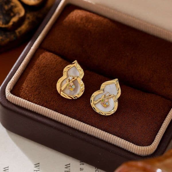 Lady Designer Earrings - 18K Gold Mother-of-Pearl Earrings Set with Diamonds and Floral Design - Retro Luxurious High-End Women's Jewelry