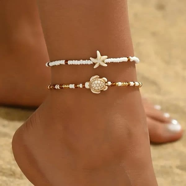 2 Bohemian style turquoise starfish turtle ankle chains doublelayer layered mixed color rice bead beach 260318
