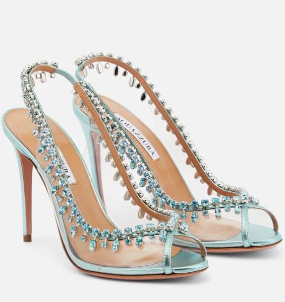 Elegant Brand Women Temptation Sandals Shoes & Pumps Crystal-embellished metallic Leather Stiletto Heel PVC Slingback Peep Toe Lady Party Wedding Dress