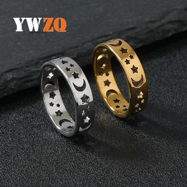 bestseller titanium fashionable hollow star and moon ring vintage personalized 925 Sterling Silver 18K Gold jewelry