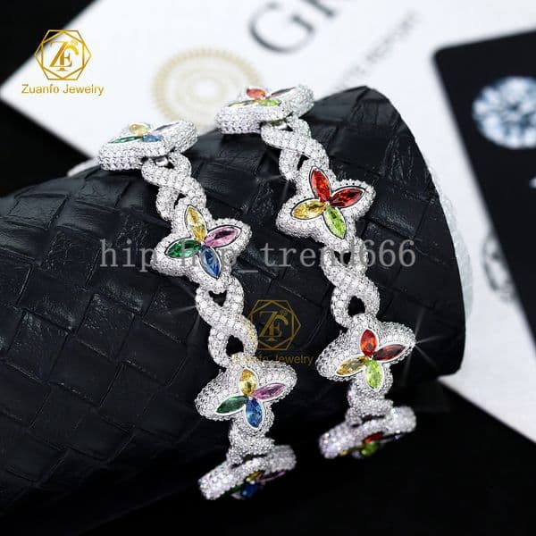 New Style 925 Silver Four Leaf Clover Bracelet Bangle Wholesale Colored Marquise CZ and D VVS Moissanite Charm Bracelet