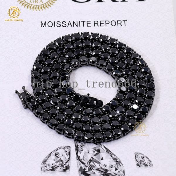 Black Rhodium Link Moissanite Tennis Chain Necklace S925 Sterling Silver Trendy Diamond 3mm 4mm 5mm Black Moissanite Chain