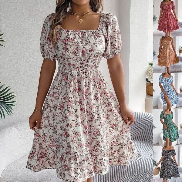 2026 Spring/Summer Floral Square-Neck Short-Sleeve Waist-Cinc Ruffle A-Line Dress. Women's Handmade Vintage-Inspired Versatile Beach-To-Bar Gowns Dress.