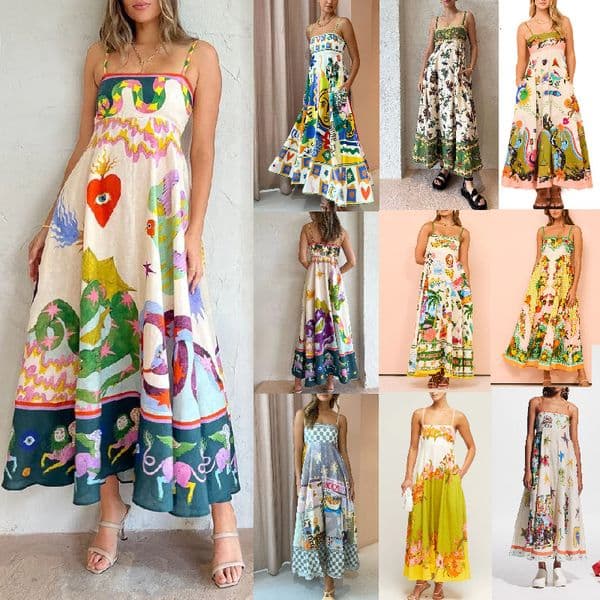 2026 New Casual Long Dress For Women Strap Print Linen Dress In 9 Colors Designer Dress With Large Hem For