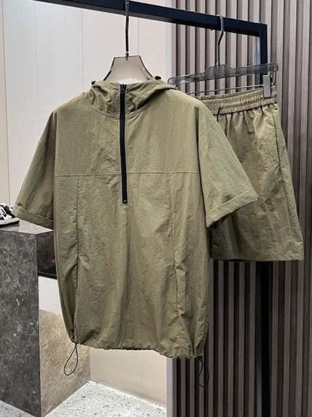 Summer Cargo Hooded Tracksuit Short Sleeve T-shirt Zipped and Shorts Outfits Quick Drying Solid Casual Outdoor Sport Clothes Set 260317