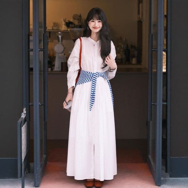 French-style White Long-sleeve Shirt Dress For Women New Early Designer Dress Autumn Collection Elegant Loose-fitting Slimming Long Dress