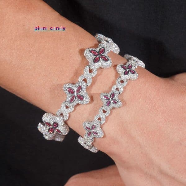Unique Design Marquise Design Rapper Luxury Jewelry Hip Hop Pink Color Moissanite Iced Out S925 Silver Cuban Clover Bracelet