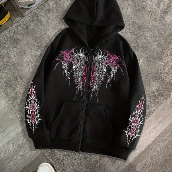 Mens Gothic Dark Print Zipper Hooded Casual Sports Sweatshirt Jacket Autumn and Winter Retro Street Style Top 260321