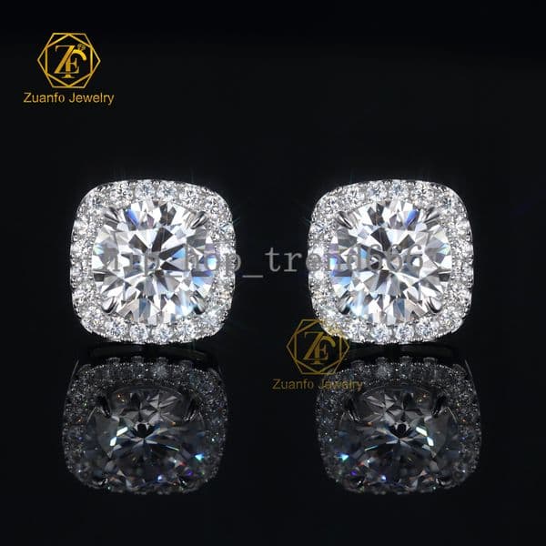HipHop Style 925 Sterling Silver Halo Earring Stud 8mm 2CT Moissanite Gold Plated Cushion Shape for Gift or Party