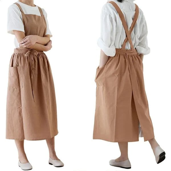 Brief Nordic Wind Pleated Skirt Cotton Linen Apron Women Girls Vintage Apron Gardening Works Cross Back Pinafore Dress 260320