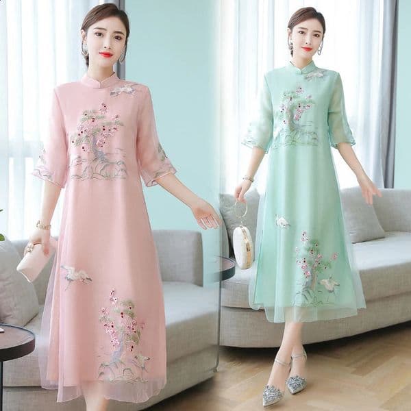 Women Cheongsam Improved Dress Retro Elegant Embroidery Long Dresses Floral Party Chinese Female High Quality Clothing 260318
