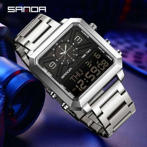 SANDA Sports Mens Quartz Watches Week Square Dual Display Stainless steel LED Digital Electronic Wristwatch For Men reloj hombre
