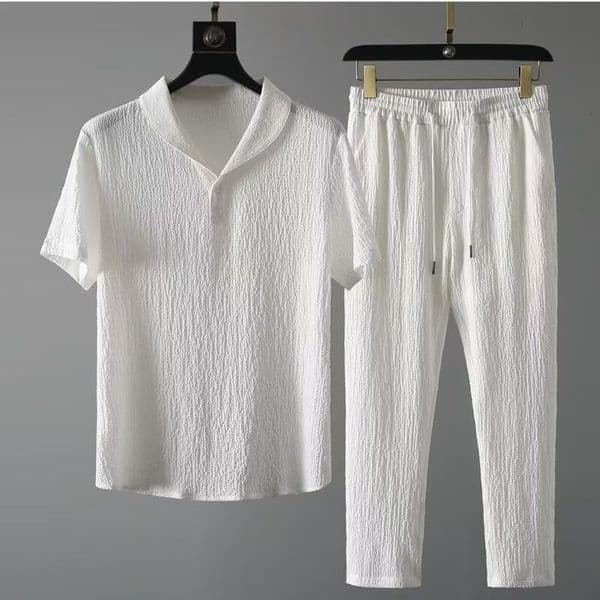 Summer Five-quarter Sleeve Ice Designer Designer Hoodie T-shirt Silk Linen Set Men's Cotton Linen Two-piece Set Plus Size Loose Polo Mid-sleeve T-shirt Sportswear